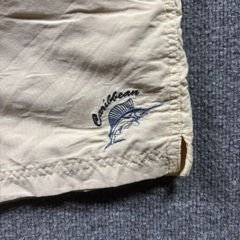 Caribbean Swimwear Board Shorts Mens Medium Beige Embroidered Fish Swim Trunks